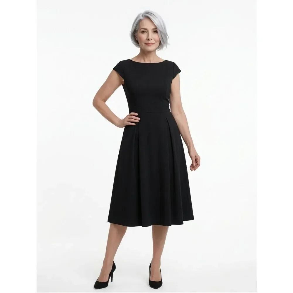 Anne Klein Black Boatneck Cap Sleeve Full-Skirt Midi Dress Size 12